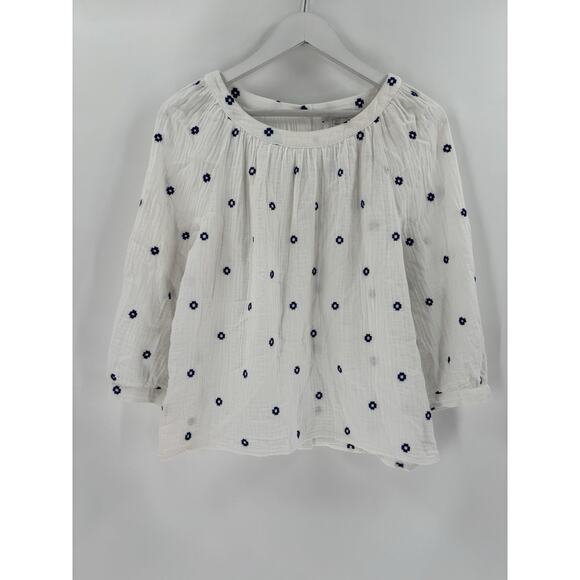 Madewell Lightspun Blouse Womens Small White Blue Pleated 3/4 Sleeve Sheer Gauze - Picture 1 of 16